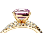 Solitaire Engagement Ring Setting for Fancy Pink Asscher Cut Center with Woven 3-Strand Pave Band and Prong Head in Yellow Gold