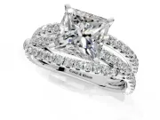 Solitaire Engagement Ring Setting for Princess Cut Center with Woven 3-Strand Pave Band and Prong Head in Sterling Silver