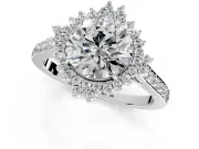 Sunburst Halo Engagement Ring Setting for Round Cut Center with Pave Band and Prong Head in Platinum