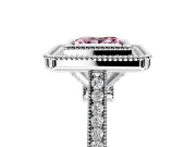 Halo Engagement Ring Setting for Fancy Pink Princess Cut Center with Milgrain Frame, Pave Band and Prong Head in Platinum
