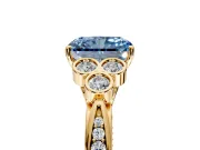 Cluster Engagement Ring Setting for Fancy Blue Radiant Cut Center with Bezel Accent Clusters and Prong Head in Yellow Gold