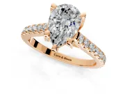Solitaire Engagement Ring Setting for Pear-Shaped Center with Widening Pave Band and Claw Prong Head in Rose Gold
