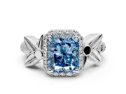 Halo Engagement Ring Setting for Fancy Blue Radiant Cut Center with Floral Band and Prong Head in White Gold