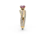 Solitaire Engagement Ring Setting for Fancy Pink Cushion Cut Center with Woven 3-Strand Pave Band and Prong Head in Yellow Gold