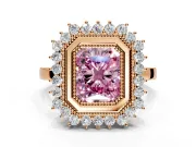 Halo Engagement Ring Setting for Fancy Pink Radiant Cut Center with Milgrain Bezel Rim, Plain Band and Prong Head in Rose Gold