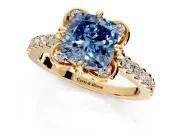 Floral Engagement Ring Setting for Fancy Blue Cushion Cut Center with Pave Band and Floral Prong Head in Yellow Gold