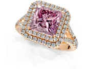Double Halo Engagement Ring Setting for Fancy Pink Princess Cut Center with Narrow Pave Split Shank and Prong Head in Rose Gold