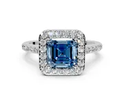 Halo Engagement Ring Setting for Fancy Blue Asscher Cut Center with Pave Accents, Heart Basket and Prong Head in Platinum