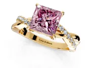 Crossover Engagement Ring Setting for Fancy Pink Princess Cut Center with Pave and Plain Strands and Prong Head in Yellow Gold