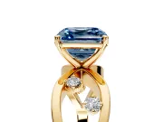 Solitaire Engagement Ring Setting for Fancy Blue Asscher Cut Center with Criss-Cross Accent Band and Prong Head in Yellow Gold