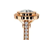 Halo Engagement Ring Setting for Round Cut Center with Milgrain Frame, Pave Band and Prong Head in Rose Gold