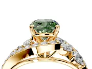 Halo Engagement Ring Setting for Fancy Green Cushion Cut Center with Marquise and Pave Bypass Band and Prong Head in Yellow Gold