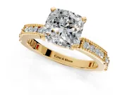 Solitaire Engagement Ring Setting for Cushion Cut Center with Milgrain-Edged Pave Band and Prong Head in Yellow Gold