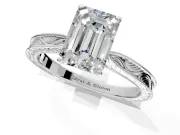 Solitaire Engagement Ring Setting for Emerald Cut Center with Engraved Milgrain Band and Prong Head in Sterling Silver