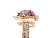 Milgrain Halo Engagement Ring Setting for Fancy Pink Heart-Shaped Center with Three-Sided Pave Band and Prong Head in Rose Gold