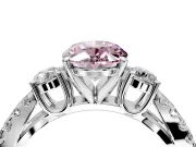 3 Stone Engagement Ring Setting for Fancy Pink Oval Center with Pave Split Shank and Prong Head in White Gold
