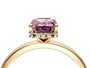 Hidden Halo Engagement Ring Setting for Fancy Pink Emerald Cut Center with Plain Band and Tall Prong Head in Yellow Gold