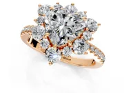 Floral Halo Engagement Ring Setting for Heart-Shaped Center with Pave Accents and Prong Head in Rose Gold