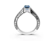 Solitaire Engagement Ring Setting for Fancy Blue Emerald Cut Center with Engraved Pave Band and Prong Head in Platinum