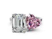 Fancy Pink Heart-Shaped and Emerald Cut Lab-Grown Diamond Toi et Moi Engagement Ring with Prong-Set Stones in Platinum