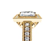 Milgrain Halo Engagement Ring Setting for Princess Cut Center with Pave Band and Prong Head in Yellow Gold