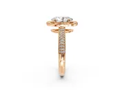 Milgrain Halo Engagement Ring Setting for Oval Center with Three-Sided Pave Band and Prong Head in Rose Gold