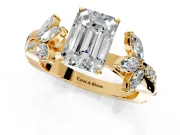 Floral Engagement Ring Setting for Emerald Cut Center with Trailing Marquise Accents and Prong Head in Yellow Gold