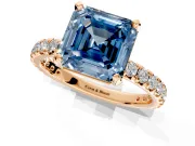 Solitaire Engagement Ring Setting for Fancy Blue Asscher Cut Center with Shared-Prong Accents and Prong Head in Rose Gold