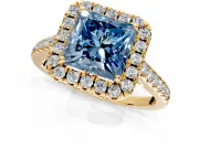 Halo Engagement Ring Setting for Fancy Blue Princess Cut Center with Raised Halo, Pave Band and Prong Head in Yellow Gold