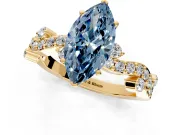 Solitaire Engagement Ring Setting for Fancy Blue Marquise Center with Bar-Station Pave Twist and Prong Head in Yellow Gold