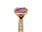 Solitaire Engagement Ring Setting for Fancy Pink Asscher Cut Center with Milgrain-Edged Pave Band and Prong Head in Yellow Gold