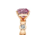 Solitaire Engagement Ring Setting for Fancy Pink Cushion Cut Center with Beaded Bezel Station Band and Prong Head in Rose Gold