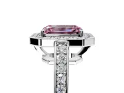 Bezel-Framed Halo Engagement Ring Setting for Fancy Pink Emerald Cut Center with Pave Band and Prong Head in Platinum