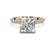 Solitaire Engagement Ring Setting for Princess Cut Center with Pave Accents and Prong Head in Yellow Gold