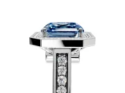 Halo Engagement Ring Setting for Fancy Blue Asscher Cut Center with Outer Bezel Rim, Pave Band and Prong Head in Sterling Silver