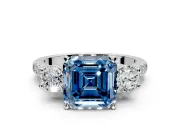 3 Stone Engagement Ring Setting for Fancy Blue Asscher Cut Center with Crossover Basket, Pave Band and Prong Head in Platinum