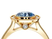 Halo Engagement Ring Setting for Fancy Blue Round Cut Center with Milgrain Pave Band and Bezel Head in Yellow Gold