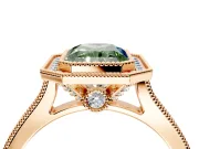 Halo Engagement Ring Setting for Fancy Green Radiant Cut Center with Milgrain Pave Band and Bezel Head in Rose Gold