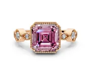 Vintage Station Engagement Ring Setting for Fancy Pink Asscher Cut Center with Accents and Prong Head in Rose Gold