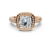 Halo Engagement Ring Setting for Cushion Cut Center with Framed Halo, Pave Band and Prong Head in Rose Gold