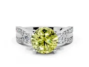 3 Stone Engagement Ring Setting for Fancy Yellow Round Cut Center with Pave Twist Band and Prong Head in Sterling Silver