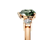 3 Stone Engagement Ring Setting for Fancy Green Heart-Shaped Center with Wide Plain Band and Prong Head in Rose Gold