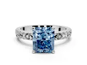 Solitaire Engagement Ring Setting for Fancy Blue Radiant Cut Center with XO Engraved Band and Prong Head in Platinum