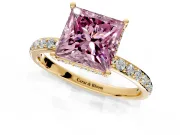 Hidden Halo Engagement Ring Setting for Fancy Pink Princess Cut Center with Pave Band and Prong Head in Yellow Gold
