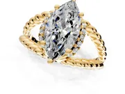 Halo Engagement Ring Setting for Marquise Center with Rope Twist Split Shank and Prong Head in Yellow Gold