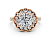 Milgrain Floral Halo Engagement Ring Setting for Round Cut Center with Pave Band and Prong Head in Rose Gold