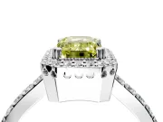 Halo Engagement Ring Setting for Fancy Yellow Emerald Cut Center with Inner Milgrain Border and Prong Head in Platinum