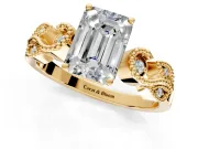 Leaf Engagement Ring Setting for Emerald Cut Center with Milgrain Accent Band and Prong Head in Yellow Gold
