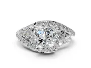 Halo Engagement Ring Setting for Princess Cut Center with Marquise and Pave Bypass Band and Prong Head in White Gold