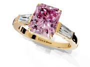 3 Stone Engagement Ring Setting for Fancy Pink Radiant Cut Center with Baguette Accents and Prong Head in Yellow Gold